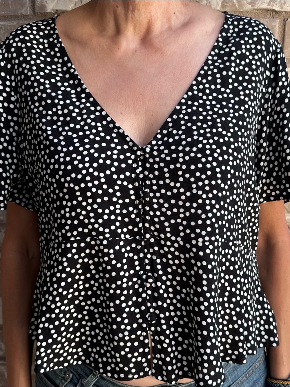 Express Black and White Polka Dot V-Neck Button-Front Top